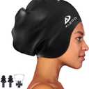 Alepo Extra Large Swimming Cap Women Men, Durable Silicone Swimming Hat Long Hair with Ear Protection, Unisex Adults Swim Caps for Long Thick Curly Hair & Dreadlocks Braids Weaves Afro Hair, Black