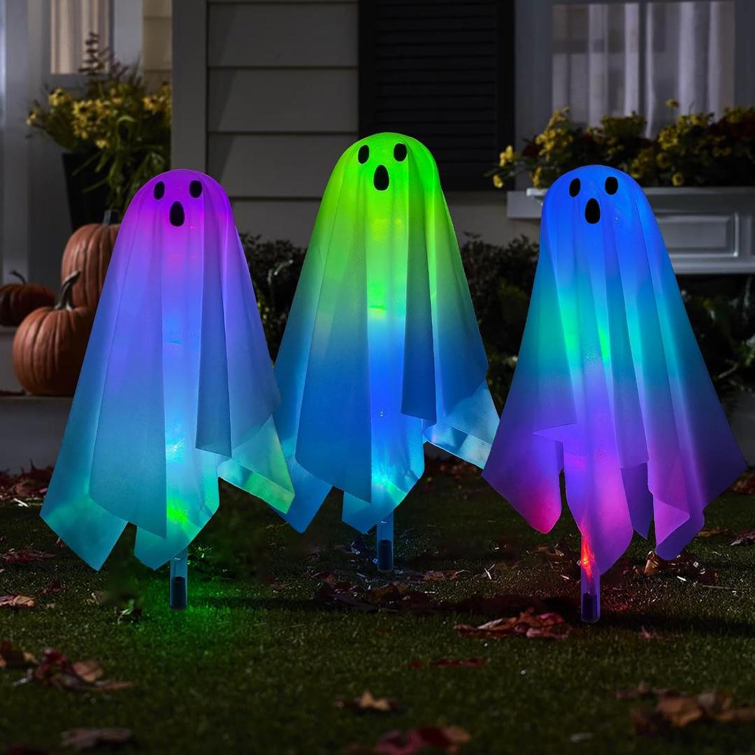 Set of 3 Halloween Pathway Markers Lights, 14.2 Inch High Plastic Ghost Lawn Garden Stakes Clear Lights for Trick or Treat Party Outdoor Waterproof Halloween Decor (Color Changing)