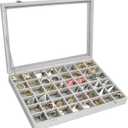 Velvet Jewelry Tray 48 Grid Jewelry Display Tray Organizer Box with Transparent Lid Rings Earrings Necklaces Pendants Display Box Suitable for Women and Girls (Grey)