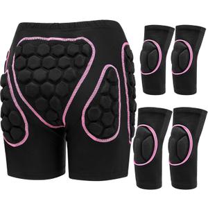 Lewtemi 3 Set Protective 3D Padded Hip EVA Short Pants Knee Pads Elbow Set Winter Protection Hip Pads Thick Non Slip Knee Sleeve Elbow Guard for Men Women Kid Ski Ice Skating (Small, Black)