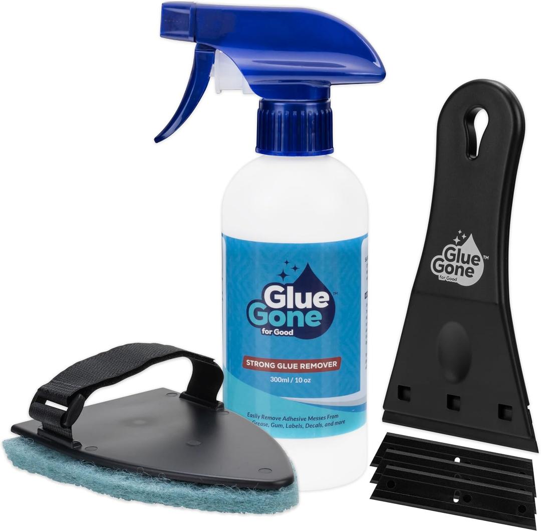 Glue Gone Advanced Cleaning Kit - Includes 10-oz Glue Remover, Scouring Pad, 3-in Scraper with 3 Replacement Blades - Complete Set for Kitchen, Household Cleaning - Removes Adhesives, Stains & More