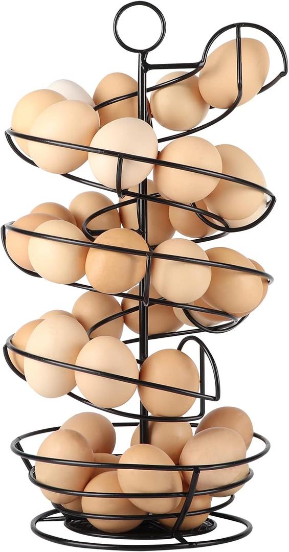 QUTREY Black Metal Egg Skelter with Storage Basket, Spiral Design Egg Holder for Large Egg for Countertop, Kitchen