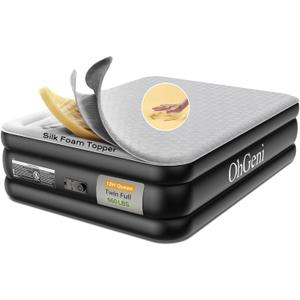 OhGeni 18" Luxury Air Mattress Queen with Built-in Pump, Silk Foam Topper Inflatable Bed for Superior Comfort, Premium Blow-Up Mattress for Home & Guest, Easy Setup, Extra Support, Black