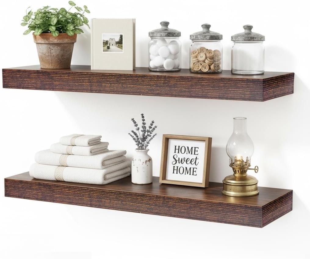 Floating Shelves for Wall,Wall Shelves for Decor Storage,Display Shelving 24 inch Set of 2,Wall Mounted Wood Shelf for Bedroom,Living Room,Bathroom,Kitchen,Brown (2pcs,Brown)