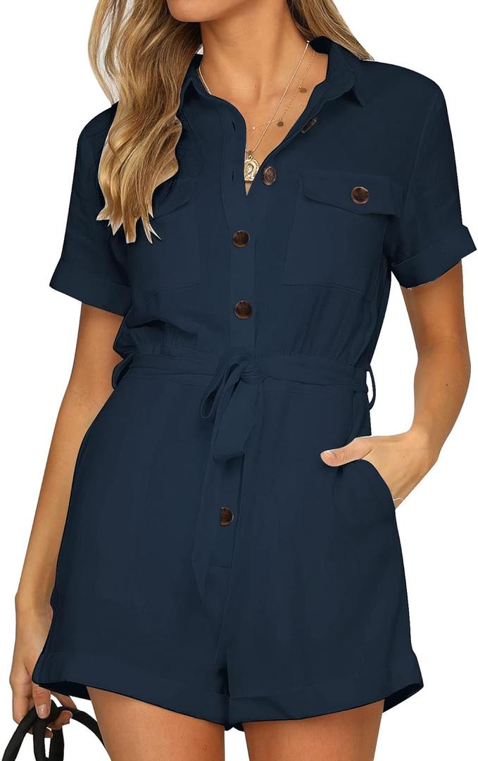 GRAPENT Women's Summer Short Sleeve Button Down Pockets Belted Jumpsuits Rompers, Small Fits 4-6, Navy Blue