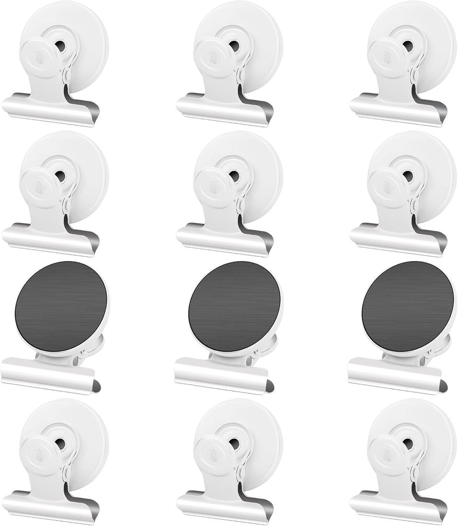 12Pack Magnetic Clips Heavy Duty, Magnet Clips for Fridge, Refrigerator Magnets with Clips, No-Scratch Strong Magnetic Clips Display Paper Fasteners on Home& Office& Teaching (White)