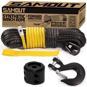 Synthetic Winch Rope Kit, 1/4in x 50ft 9500LBS Cable + Forged 13500LBS Winch Hook + Rubber Stopper + Safety Pull Strap, Yellow