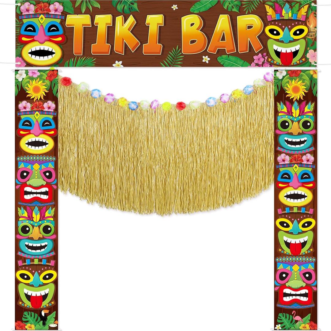 Tingjoo 4 Pcs Hawaiian Tiki Party Decorations Set Tiki Totem Door Banner Signs Aloha Grass Door Skirt Hanging Decor Luau Party Decor for Summer Tropical Birthday Beach Pool Party Supplies (Tiki Bar)