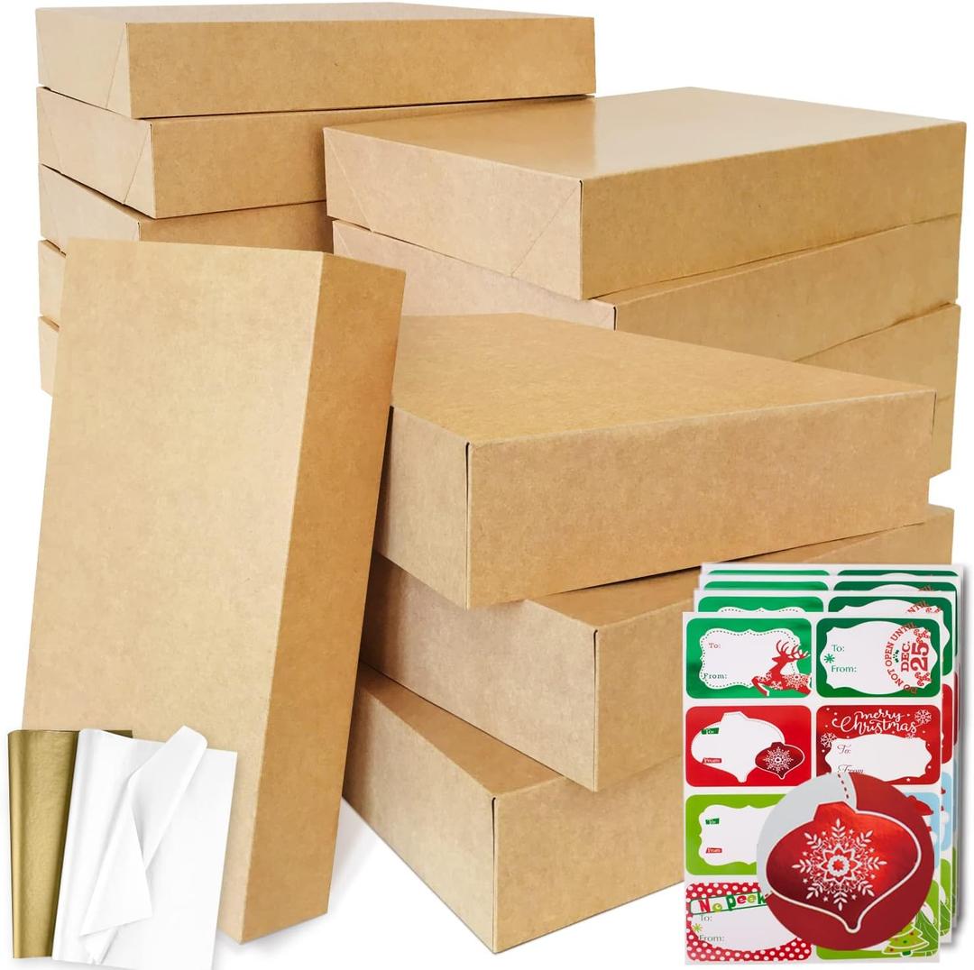 12 Kraft Large Gift Wrap Boxes Bulk with Lids, 12 tissue paper, and 80 Count Foil Christmas Tag Stickers for wrapping oversized Clothing (Robes, sweaters, Coat, Shirts) and Christmas Holiday Present