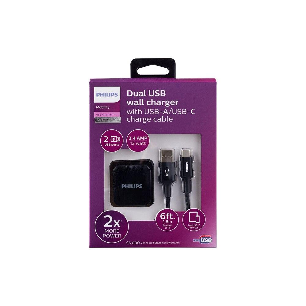 Philips AC Charger with USB A-Lightning Cable, 2 Ports, 2.4A, 6ft Braided, Black