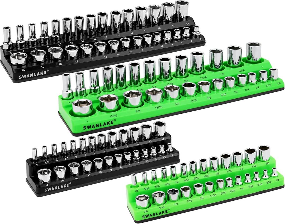 SWANLAKE GARDEN TOOLS 4-Piece Magnetic Socket Organizer Set, Metric & SAE Socket Holder Set Includes 1/4", 3/8" Drive Sockets Organizer, Magnetic Tool Trays for Tool Box Drawer (Sockets not included) (4PCS Green/Black)