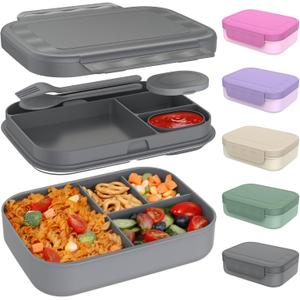 Caperci Stackable Bento Lunch Box for Adult & Teens - Reinforced Leak-Proof Lunch Container 4-Compartment with Utensils & Sauce Container, BPA-Free, Dishwasher/Microwave Safe, 47oz (Dark Gray)