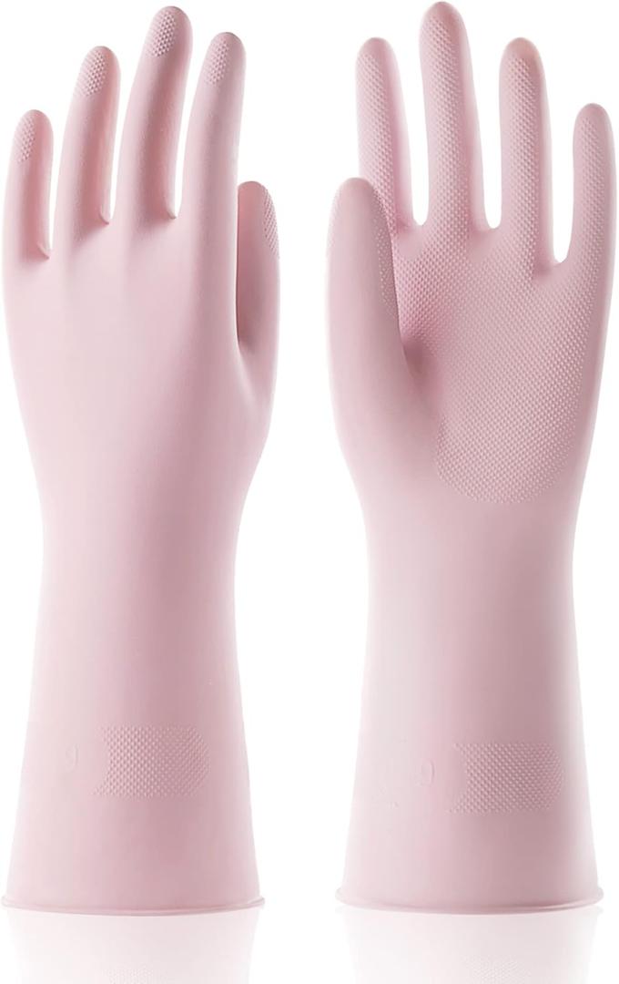COOLJOB Medium Household Rubber Gloves with Cotton Liner & Non-slip Grip, Waterproof Long Lasting Dishwashing Gloves for Kitchen & Bathroom Cleaning, Light Pink, 1 Pair
