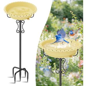 Bird Bath for Outside,40In Freestanding Birdbath with Stable Metal Stake, Rustproof Easy Clean Plastic Bowl for Garden Patio Yard Lawn Decor (Beige)