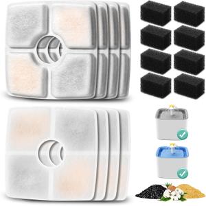 8 Pack Replacement Filters & 8 Pack Pre-filter Sponges for 84oz/2.5L Automatic Pet Fountain, BFLICROY Cat Water Fountain Filter, Triple Filtration Pet Fountain Replacement Filters