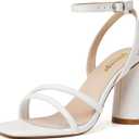 RIBONGZ Block Heels Prom Heeled Sandals for Women Chunky Square Open Toe Strappy High Heels Ankle Strap Wedding Bridal Shoes High Heel Sandals for Party Dress, White, US 6.5