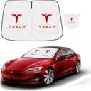 300T Sunshade for Tesla Model Y Model 3, Car Accessories 2025 for Tesla, Front Window Sunshade with Organizer Bag, Gifts for Tesla Owners (Red)