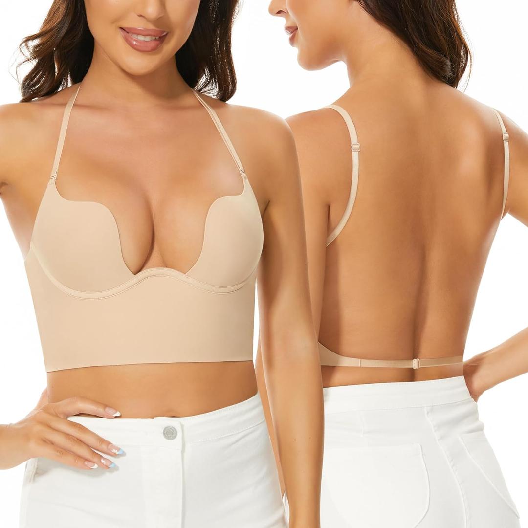 Low Back Bras for Women-Seamless Backless Bra Deep U Plunge Invisible Low Cut Bras Multiway Convertible Straps Halter Bra (32D)