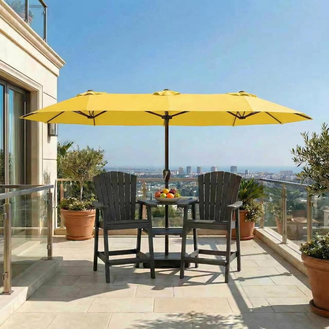 15FT Large Patio Umbrella with Base Included, Double Sided Outdoor Market Umbrella with Flexible Fiberglass Ribs, UV-Blocking Extra Large Umbrella for Garden, Pool, Deck, Sunshine Yellow