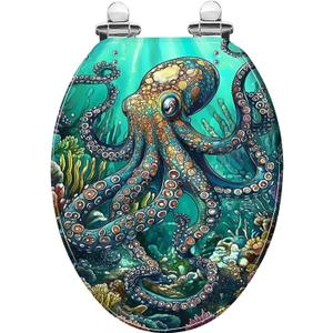 Elongated Toilet Seat Teal Blue Ocean Octopus Coral Reefs Art Resin Toilet Seat Easy to Install Quietly Close Quick Release Hinges Decorative Toilet Seat with Cover (pattern1)