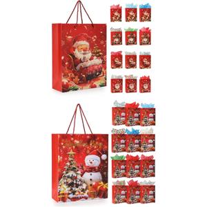 Rusikia 24 Pack Christmas Gift Bags Cute Santas-12pcs Small, Snowman-12pcs Medium Assorted Sizes Pictures Bulk Paper Gift Bag for Favors Birthday Xmas Holiday