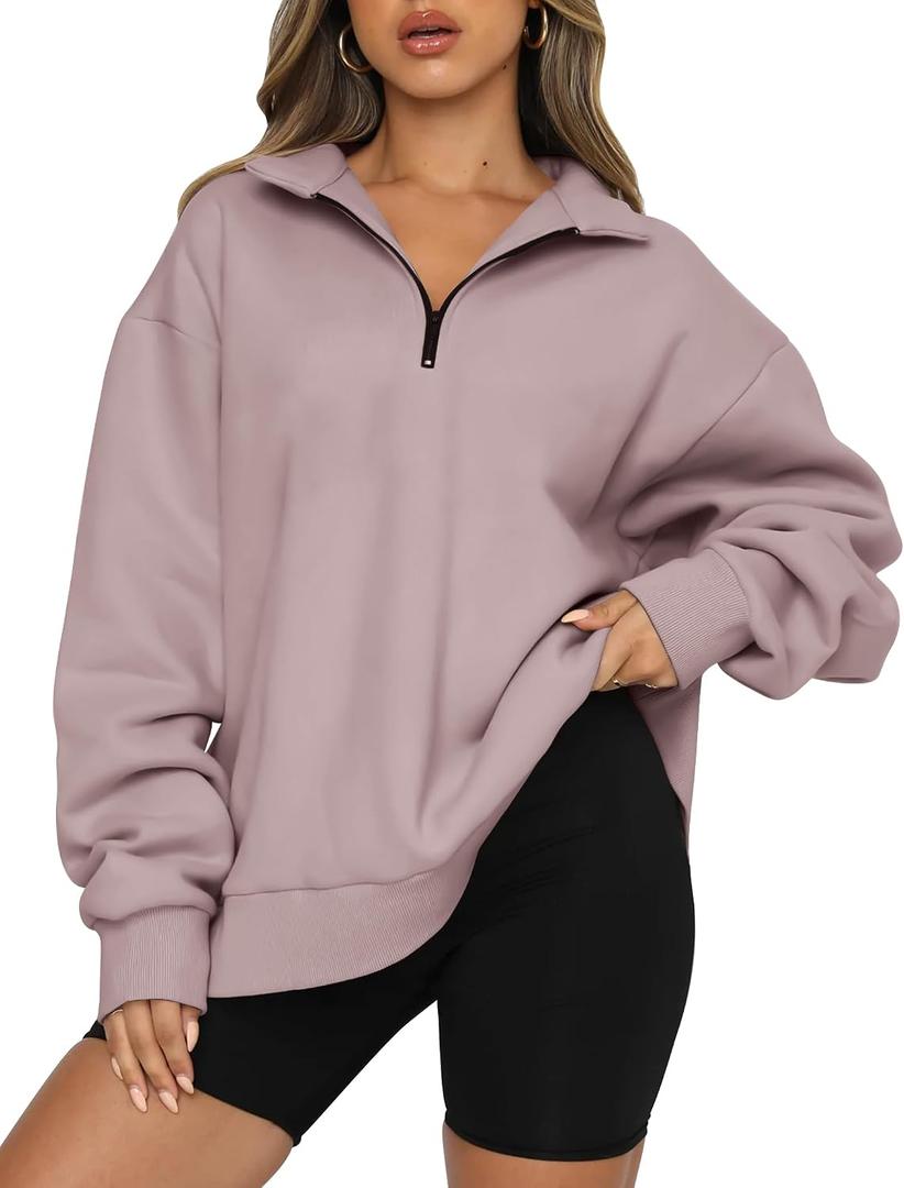 Trendy Queen Women's Oversized Half Zip Fleece Sweatshirts-Cozy Pullover, Drop Shoulder for Fall Winter (S)