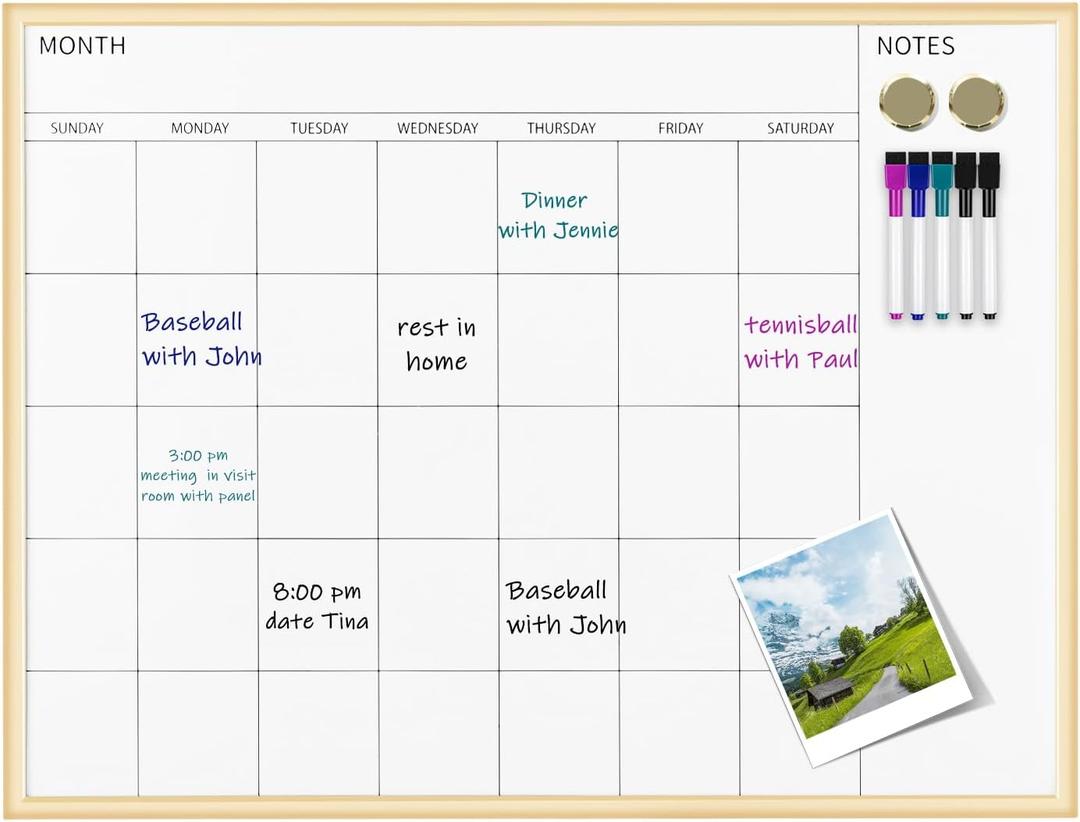 Magnetic Monthly Calendar Whiteboard, 30'' x 20'' Dry Erase Calendar for Wall Office School Home, Gold Wooden Frame