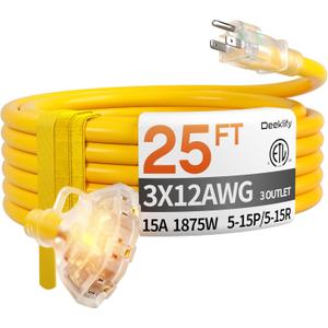 25 ft 12 Gauge Heavy Duty 3 Outlet Extension Cord Splitter with Indicator, Waterproof Outdoor Extension Cord with Multiple Outlets, 15A 1875W for Garden, ETL Listed, Flexible Yellow SJTW