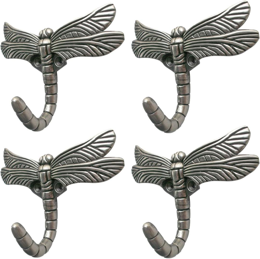 Dragonfly Hooks Wall Mounted Cloak Rack, Animal Heavy Duty Vintage Decorative Hooks, Indoor Outdoor Universal Cloak Rack Hooks for Coat Towel Robe Clothes Hats Bags Keys, Pack of 4 (Antique Silver)