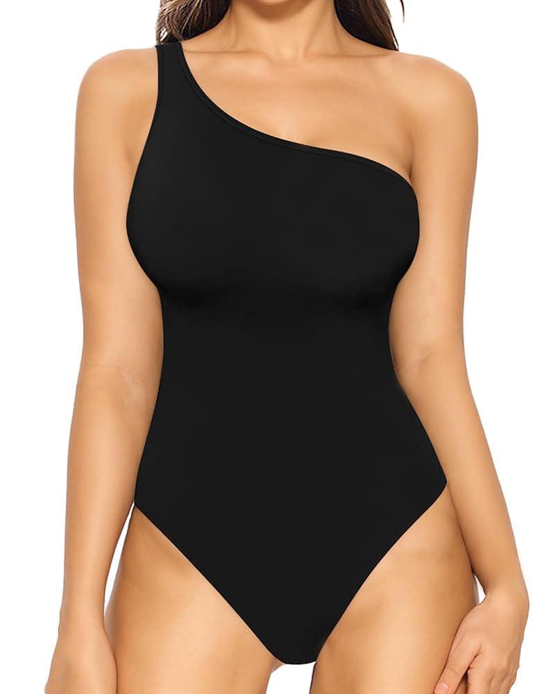 MANGOPOP Women's One Shoulder Tank Top Bodysuit Sexy Sleeveless Long Sleeve Backless Body Suits Off Shoulder Going Out Tops S