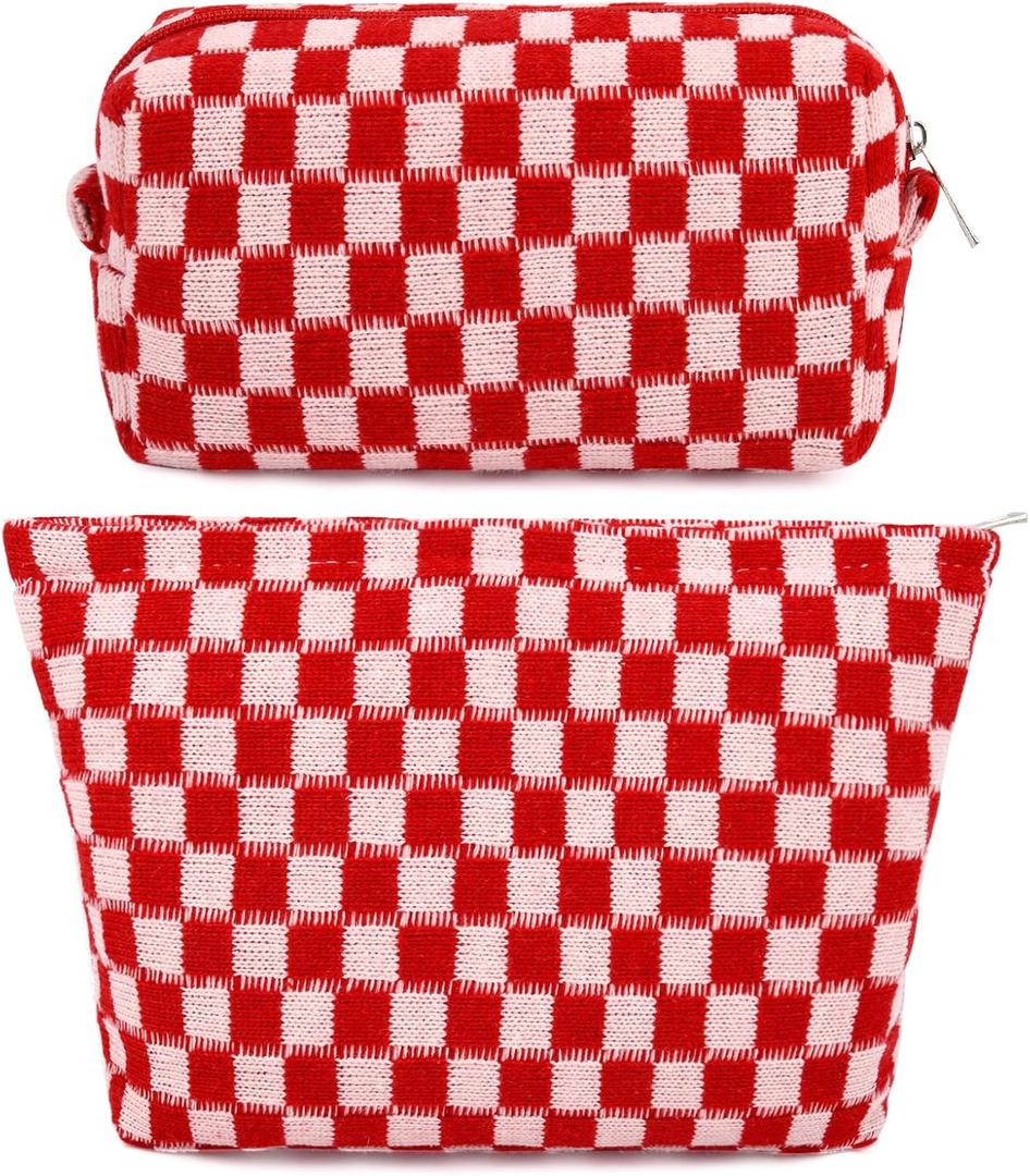 SOIDRAM 2 Pcs Checkered Makeup Bag Large Cosmetic Bag Toiletry Bag Makeup Pouch Travel Bag Organizer Cute Makeup Brushes Aesthetic Accessories Storage Bag for Women Red