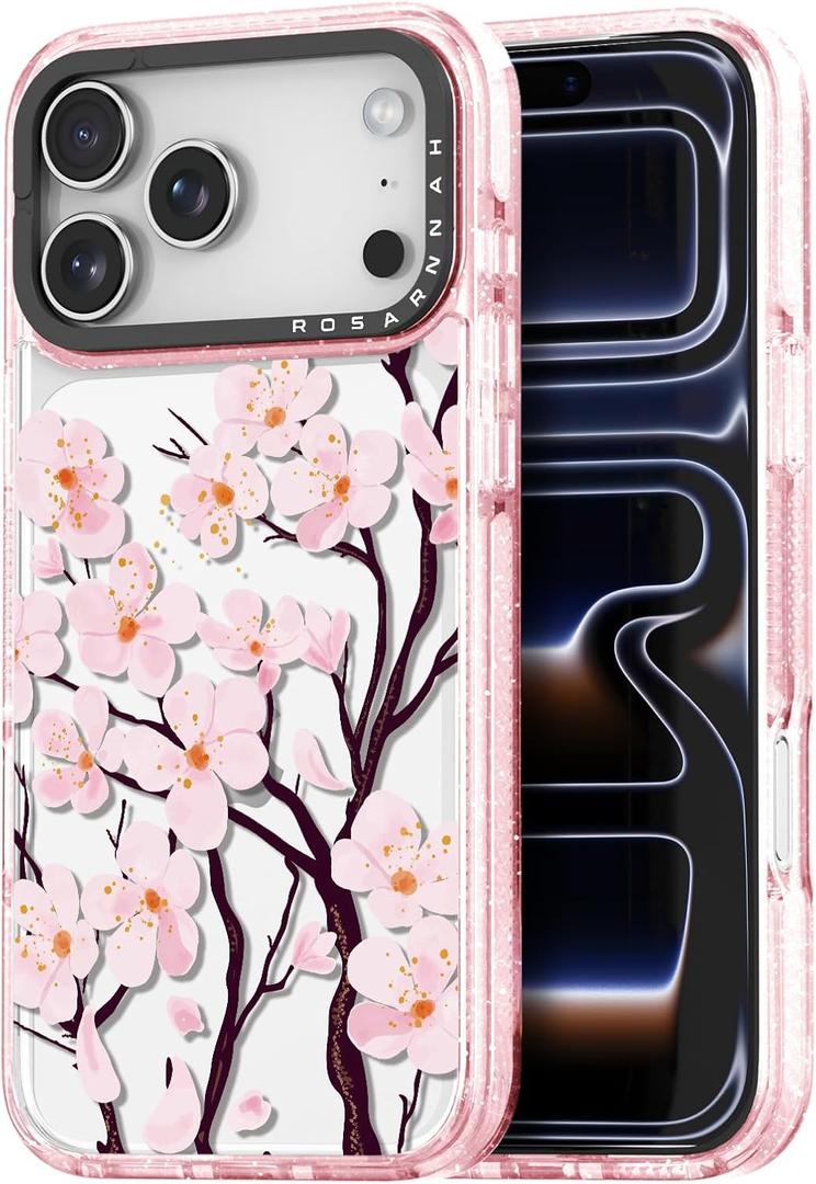 for iPhone 17 Pro Max Case Cute - Durable Shockproof 6.6 ft Drop Impact Phone Case - Funny Cherry Blossom Design (6.9") Glitter Pink