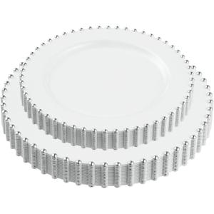 PLASTICPRO 32 Piece Combo Plastic Dinner Plates Disposable Plastic Fancy Heavy Duty Party Dishes 7 inch and 10 inch, White and Silver Beaded