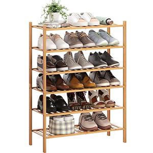 BMOSU 6-Tier Bamboo Shoe Rack Premium Stackable Shoe Shelf Storage Organizer for Hallway Closet Living Room Entryway Organizer (Natural Bamboo)