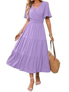 Caracilia Womens Summer Midi Dresses Casual A Line Wrap V Neck Short Sleeve Flowy Tiered Party Vacation Dress with Pockets Light Purple Large