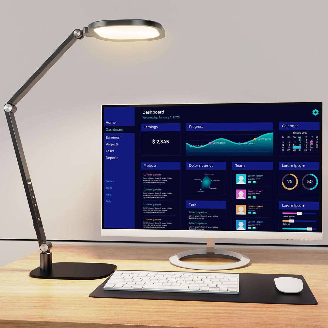 LitONES LED Desk Lamp for Home Office, Professional Eye-Caring Diffused Desk Light, 3 Color 10 Brightness Computer Light, Dimmable Office Lamp with Memory & Timer Func, Metal Swing Arm Table Lamp (Black)