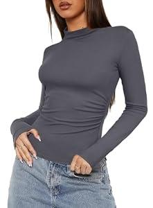 Darong Womens Long Sleeve Shirts Basic Tees Crop Tops Going Out Fall 2025 Workout Outfits Y2k Clothes 9089 Grey S