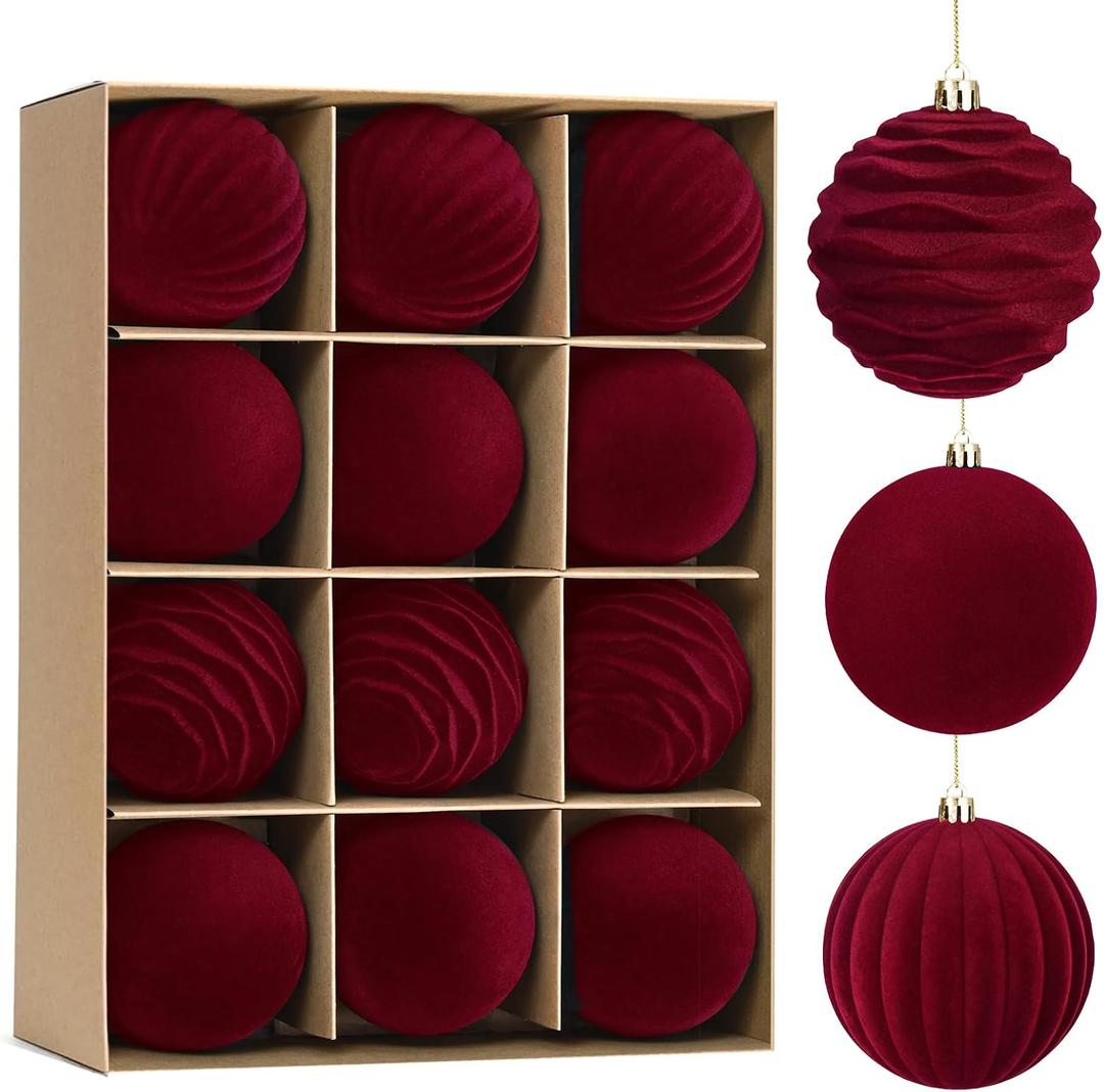 Waipfaru 12Pcs Velvet Christmas Ornaments Balls, 3.15 Inch Burgundy Red Christmas Ornaments Balls Set, Large Shatterproof Flocked Hanging Velvet Ornaments for Xmas Home Decor