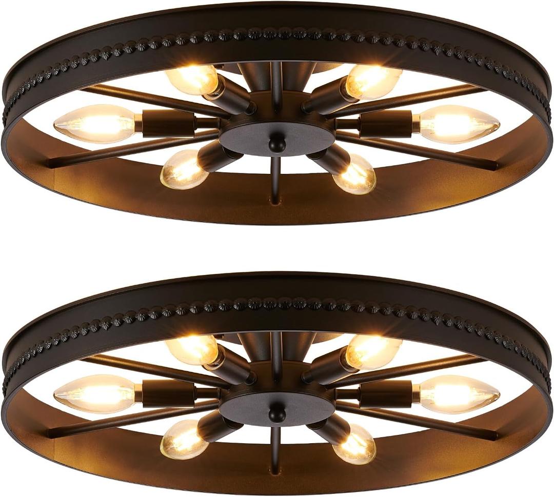 18.8" Ceiling Light Fixture, 6 Light Flush Mount Ceiling Light, Black Lighting fixtures Ceiling Chandelier, Rustic Round Metal Close to Ceiling Lamp for Kitchen Bedroom Dining Room, 2 Pack