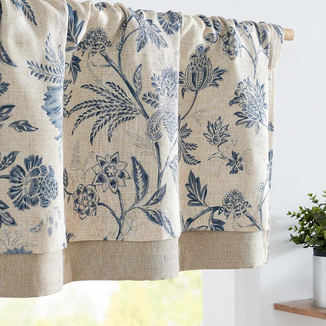 Vangao Linen Valance Curtain Farmhouse Cottage Floral Small Window Curtain Double Layer Light Filtering Drape for Kitchen Rustic Valance for Living Room 16 Inch Rod Pocket 1 Panel Blue on Beige