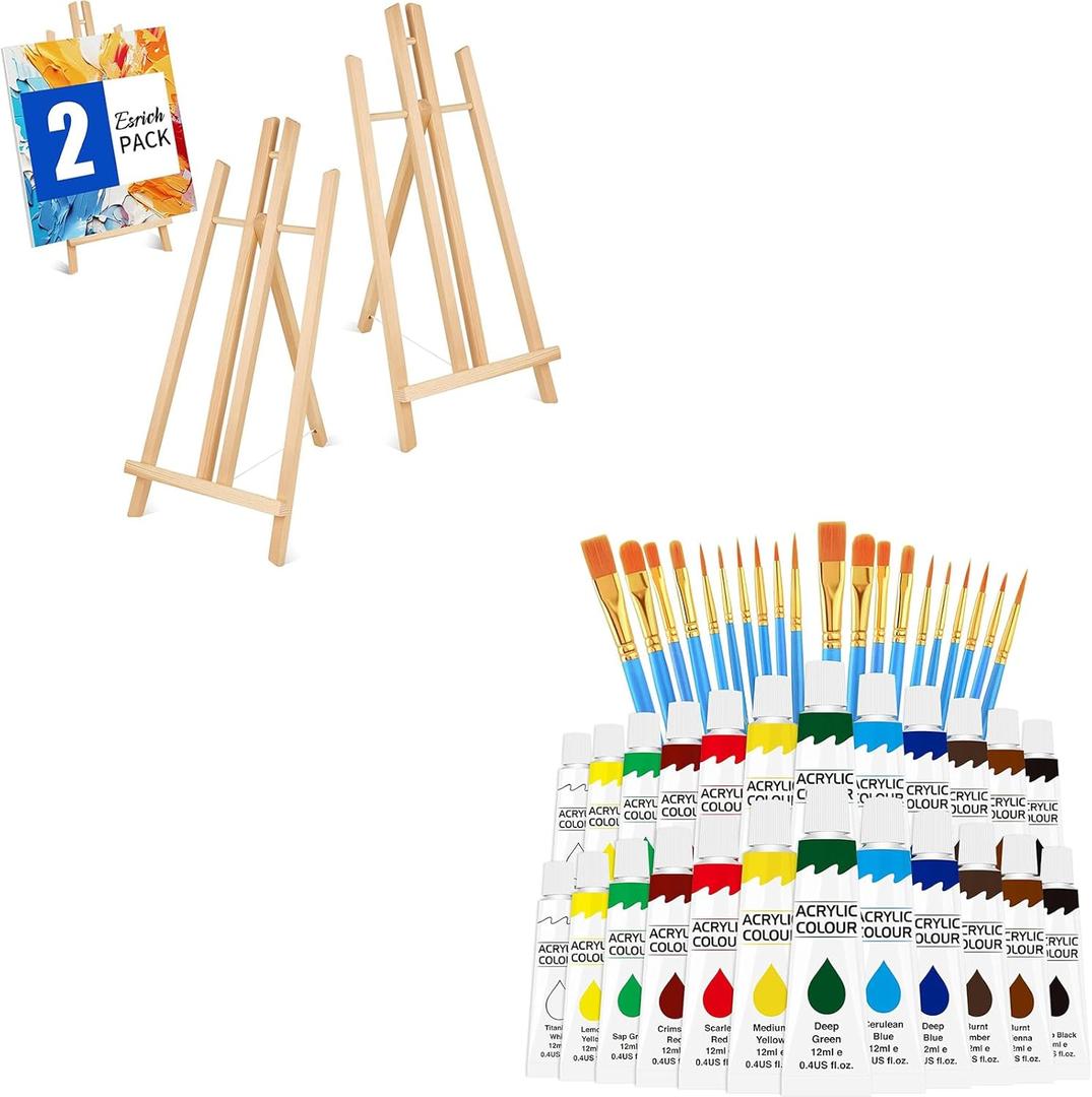 ESRICH 2 Pack 17 Inch Wood Easels and 2 Pack Acrylic Paint Set 12 Colors2 Set Professional PaintingPainting Supplies kit for Kids & Adults to Painting Party