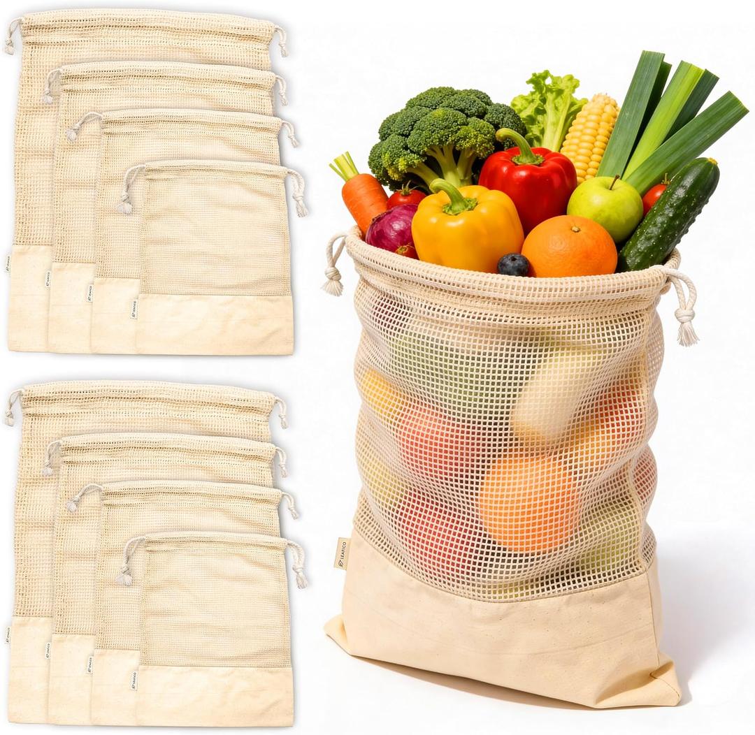 LEAFICO Reusable Produce Bags 100% Cotton Mesh & Solid Hybrid (Mixed Sizes 8 Pcs S/M/L/XL) Multi-Use Grocery & Storage Bags for Fruit, Vegetables, Toys, Clothes, Travel Washable, Zero Waste