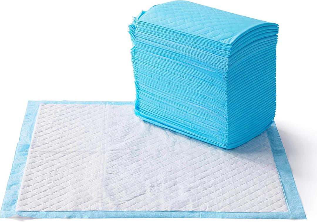 Amazon Basics Leakproof, Absorbent, Disposable Puppy Pads for Potty Training, Heavy Duty Absorbency, Regular Size, 24 x 23 Inches, Pack of 50, Blue & White (Regular (50 Count))