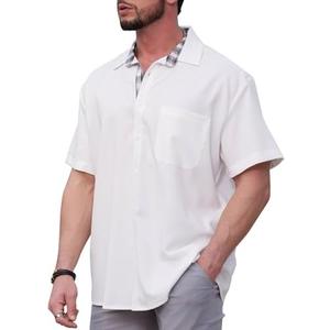 HUNGSON Men's Button Down Shirts Short Sleeve Casual Shirts Summer Beach with Pocket, Size L