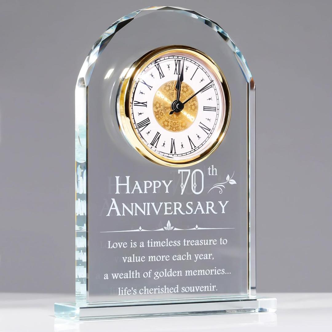 YWHL 70th Wedding Anniversary Clock Gifts for Parents Grandparents, 70th Wedding Anniversary Glass Keepsake for Couples, Meaningful 70 Years Marriage Party Home Decor (Battery not Included)