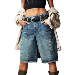 LifeShe Women's Denim Long Shorts Casual Baggy Bermuda Low Waist Summer Barrel Short Jean Pant Blue (Large)