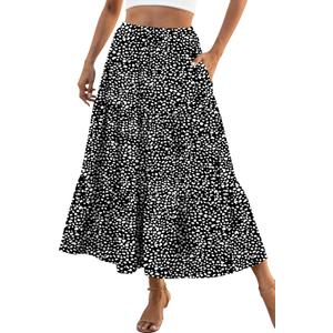 Naggoo Women's Summer Maxi Skirt Tiered A Line Ruffle Elastic High Waisted Flowy Beach Long Skirts with Pockets (Black, L)