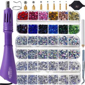 GLOCTO bedazzler kit with Rhinestones hot fix applicator Tool with 5,000 Pieces of Rhinestones, Three gem Sizes and Various Tips, Perfect for Adding Sparkle to Clothing, Fabric, and Craft Projects