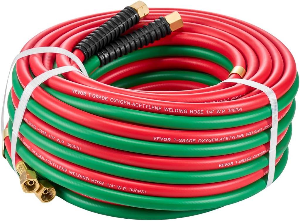 VEVOR Oxygen Acetylene Hose, 1/4-Inch x 50FT Oxy Acetylene Hose with 9/16"-18 B Fitting, 300PSI T Grade Welding Cutting Torch Twin Hose, Compatible with Oxygen, Acetylene, Propane and Other Fuel Gases