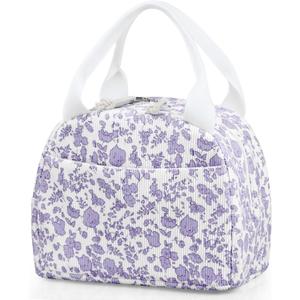 TESAFNG Lunch Bag - Insulated Lunch Box for Women, Reusable Large Capacity Cooler Bag for Adult, Small Leakproof Cute Corduroy Lunch Tote for Work Office Travel Picnic (Corduroy Purple-Flower)